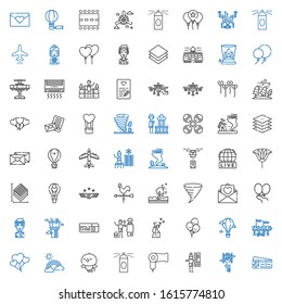 air icons set. Collection of air with plane ticket, helicopter, thermostat, hairdryer, hairspray, bird, rainbow, balloons, airplane, hot air balloon. Editable and scalable icons.