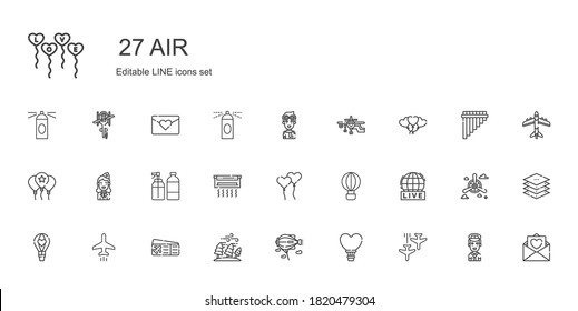 air icons set. Collection of air with plane, hot air balloon, zeppelin, hurricane, plane ticket, live, ballons, conditioner, spray, stewardess. Editable and scalable icons.