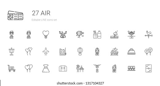 air icons set. Collection of air with stewardess, drone, burner, hangar, geyser, balloons, transportation, hurricane, hot air balloon, sprayer. Editable and scalable icons.