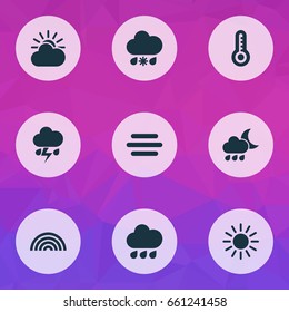 Air Icons Set. Collection Of Sun, Sun-Cloud, Colors And Other Elements. Also Includes Symbols Such As Sunny, Wet, Drop.