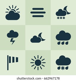 Air Icons Set. Collection Of Sun, Flag, Sun-Cloud And Other Elements. Also Includes Symbols Such As Lightning, Fog, Snow.