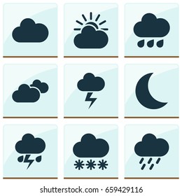 Air Icons Set. Collection Of Sun-Cloud, Cloudy, Moon And Other Elements. Also Includes Symbols Such As Clouds, Shower, Light.