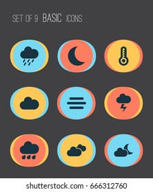 Air Icons Set. Collection Of Temperature, Moonlight, Cloudy And Other Elements. Also Includes Symbols Such As Drop, Hot, Thermometer.