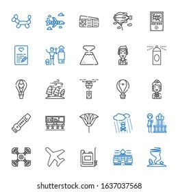 air icons set. Collection of air with tornado, tram, sprayer, plane, drone, geyser, acid rain, fan, airport, flute, stewardess, hot air balloon. Editable and scalable icons.