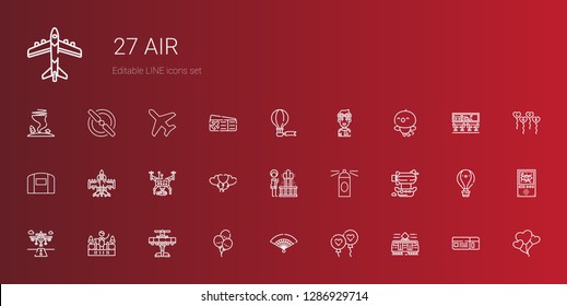 air icons set. Collection of air with tram, balloon, fan, balloons, airplane, cold water, runway, airship, hairspray, geyser, drone, hangar, bird. Editable and scalable air icons.