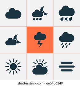 Air Icons Set. Collection Of Wet, Sun, Moonlight And Other Elements. Also Includes Symbols Such As Sun, Cloudy, Lightning.