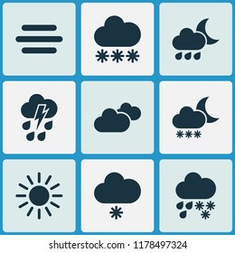 Air icons set with light snow shower, thundershower, fog and other drizzle elements. Isolated vector illustration air icons.