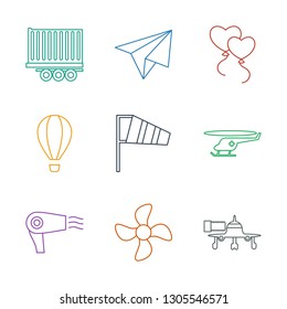 air icons. Trendy 9 air icons. Contain icons such as jetway, fan, hair dryer, medical helicopter, wind cone, air balloon, heart balloons, paper airplane. icon for web and mobile.