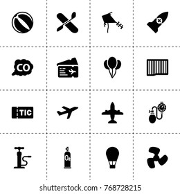 Air icons. vector collection filled air icons. includes symbols such as air filter, fan, co gas, car pump, plane, balloon, rocket medical. use for web, mobile and ui design.