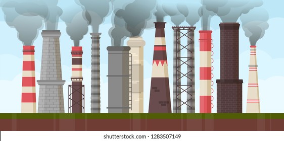 Air industrial pollution environmental issues smoke chimney industry vector illustration. Global pipe toxic dirty smog. Factory smokestack. Chemical industrial production, pollution. Smoke cityscape.