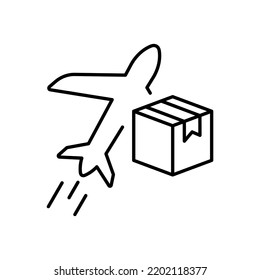 Air International Delivery Service Line Icon. Plane Deliver Parcel Box Linear Pictogram. Cargo Airplane Transport Worldwide Fast Delivery Outline Icon. Editable Stroke. Isolated Vector Illustration.