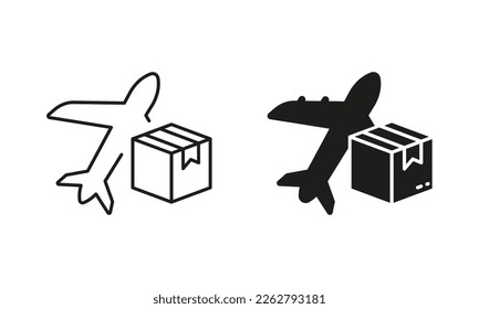 Air International Delivery Service Silhouette and Line Icon Set. Plane Deliver Parcel Box Pictogram. Airplane Transport Worldwide Fast Delivery Sign. Editable Stroke. Isolated Vector Illustration.