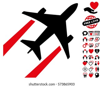 Air Jet Trace icon with bonus valentine clip art. Vector illustration style is flat iconic intensive red and black symbols on white background.
