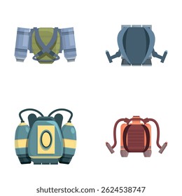 Air jetpack icons set cartoon vector. Equipment for personal air flight. Future technology