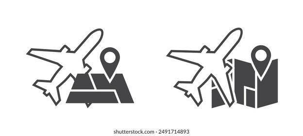 air journey icons. plane and map with location pin . travel and vacation symbols. isolated vector illustrations for tourism design