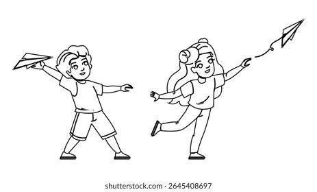 avião de papel infantil ar vetor. jogar criança, menino diversão, céu liberdade avião de papel infantil ar personagem. pessoas linha preta lápis desenho ilustração