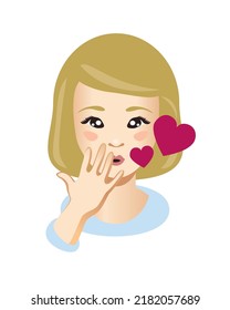 Air kiss gesture with hearts. Emotional vector blond girl illustration