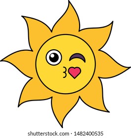 Air kiss sun emoticon outline illustration. Romantic, passionate emoji. Social media cartoon sticker