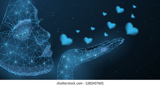 Air kiss.Vector illustration of human head created in low poly style. Intelligence allegory beauty woman sends a air kiss.  
