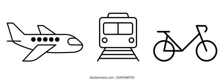 Air land and rail transportation icon set with airplane train and bicycle in minimal outline style for travel commute motion vector.
