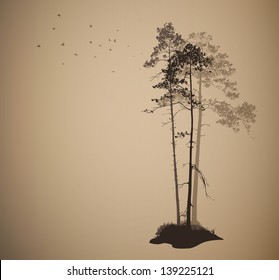 air landscape with silhouettes of pine trees and a flock of bird 2