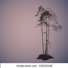 air landscape with silhouettes of pine trees and a flock of bird 1