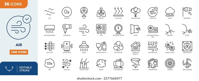 Air line editable icon set. Containing ventilation, air conditioner, fan, wind, blow, oxygen, breathe, CO2, pollution and more.