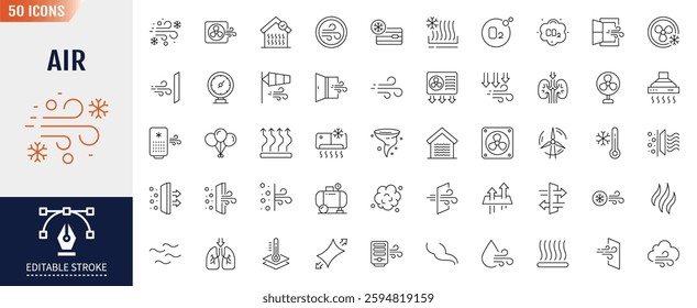 Air line icon set. Editable stroke. Containing as ventilation, air conditioner, fan, wind, blow, oxygen, breathe, CO2, pollution, and more. Vector illustration