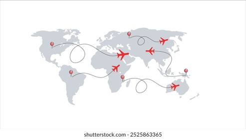 air line on world map, Traveling Around the World Air Transportation Concept, Travel by Airplane World Map and Earth Globe Design with Plane Flying Intercontinental Routes to Various Destinations blue