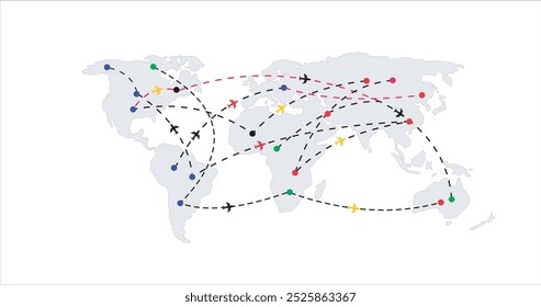 air line on world map, Traveling Around the World Air Transportation Concept, Travel by Airplane World Map and Earth Globe Design with Plane Flying Intercontinental Routes to Various Destinations blue