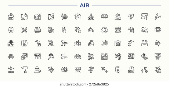 Conjunto de iconos lineales de aire. Iconos mínimos de colección. Ilustración vectorial editable. Icono de vuelo. Incluye símbolos para aviones, aviones, vuelos, transporte, aviación y más.