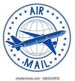 Air mail blue emblem. Postal ink stamp. Vector illustration isolated on white background