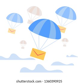 Air Mail Delivery. Yellow Closed Paper Envelope Falling Down with Blue Parachute in Sky with Clouds. Transportation Shipping Package, Express Postal Service, Letter Postal Flat Vector Illustration