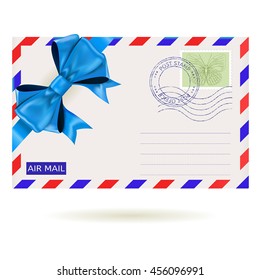 Air mail envelope with blue ribbon bow. Vector illustration isolated on white background