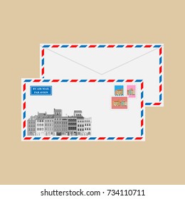 Air mail envelope with market square of the Old Town Warsaw, stamps and postmarks. Vector illustration EPS10