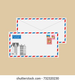 Air mail envelope with Old Town Cologne, Germany, stamps and postmarks. Vector illustration