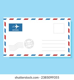 Air mail envelope with postage stamp vector illustration on blue background. Air mail envelope template.