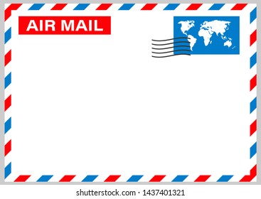 Air mail envelope with postal stamp isolated on white background. Vector stock illustration.