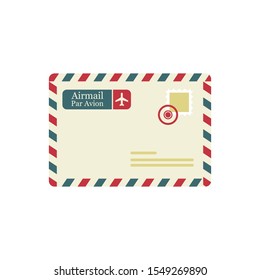 Air mail envelope with postal stamp isolated on white background. Par Avion mail in flat design vector illustration. Envelope Air Mail Par Avion Letterhead Envelope Icon in trendy flat style