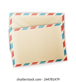 Air mail envelope with postal stamp isolated on white background.