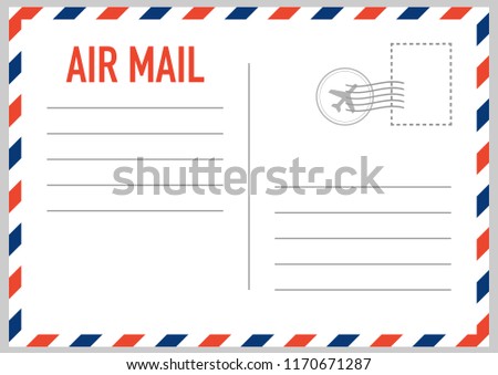 Air mail envelope with postal stamp isolated on white background. Vector stock illustration.