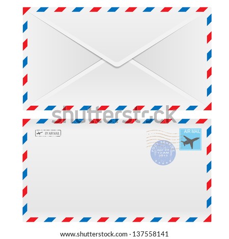 Air mail envelope with postal stamp isolated on white background.