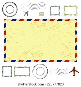 Air mail envelope, postal stamps and postmarks set, isolated on white background, vector illustration.