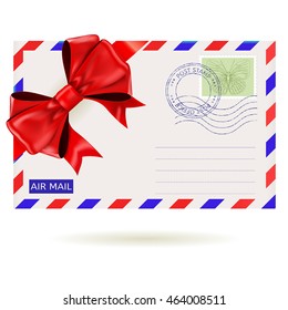 Air mail envelope with red ribbon bow. Vector illustration isolated on white background