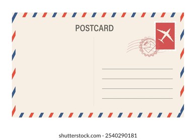 Air mail envelope with spriped border, stamp and mark. Retro Vintage postage card. Blank template with stamp. Airmail frame