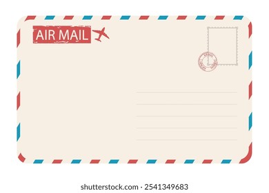 Air mail envelope with spriped border, stamp and mark. Retro Vintage postage card. Blank template with stamp. Airmail frame