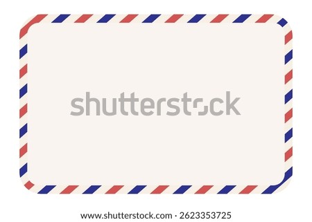 Air mail envelope with spriped border, stamp and mark. Retro Vintage postage card. Blank template with stamp. Airmail frame
