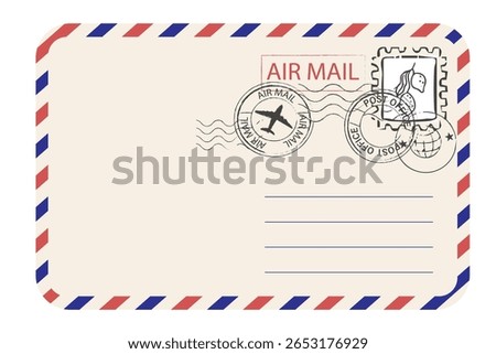Air mail envelope with spriped border, stamp and mark. Retro Vintage postage card. Blank template with stamp. Airmail frame