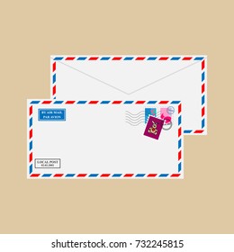 Air mail envelope with stamps and postmarks