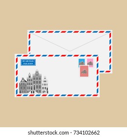 Air mail envelope with stamps, postmarks and Old Typical Netherlands houses, Amsterdam, Netherlands. Vector illustration